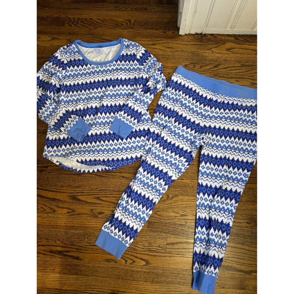 LL Bean Womens LG Blue Fair Isle Thermal Waffle Knit Pajama 2 PC Set Pockets EUC